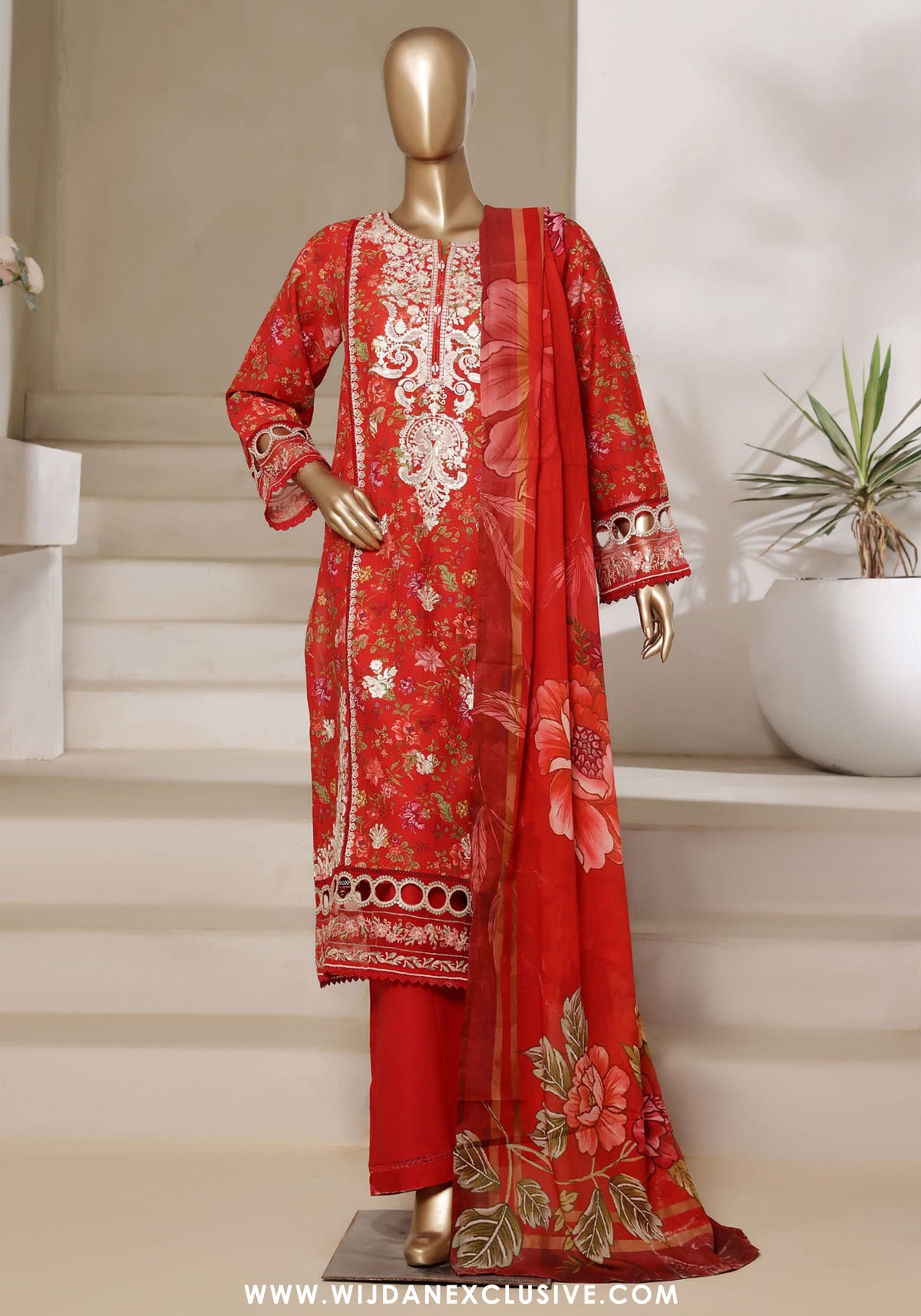Sadabahar Signature Stitched Festive Embroidered Lawn - 2025 Vol-02 Red