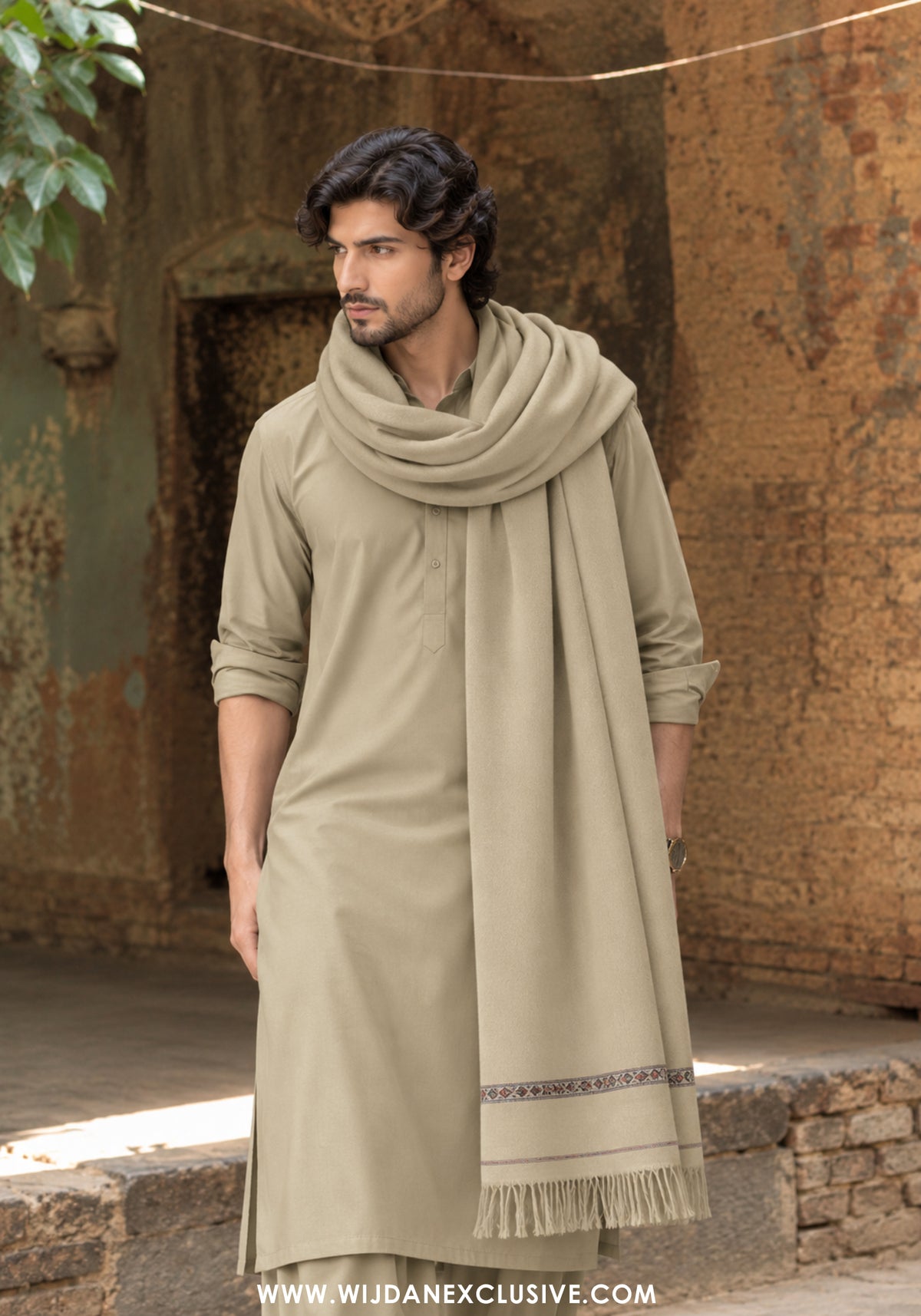 Saltanat by Wijdan | Wool Men's Shawl'26 (LIGHT CAMEL)