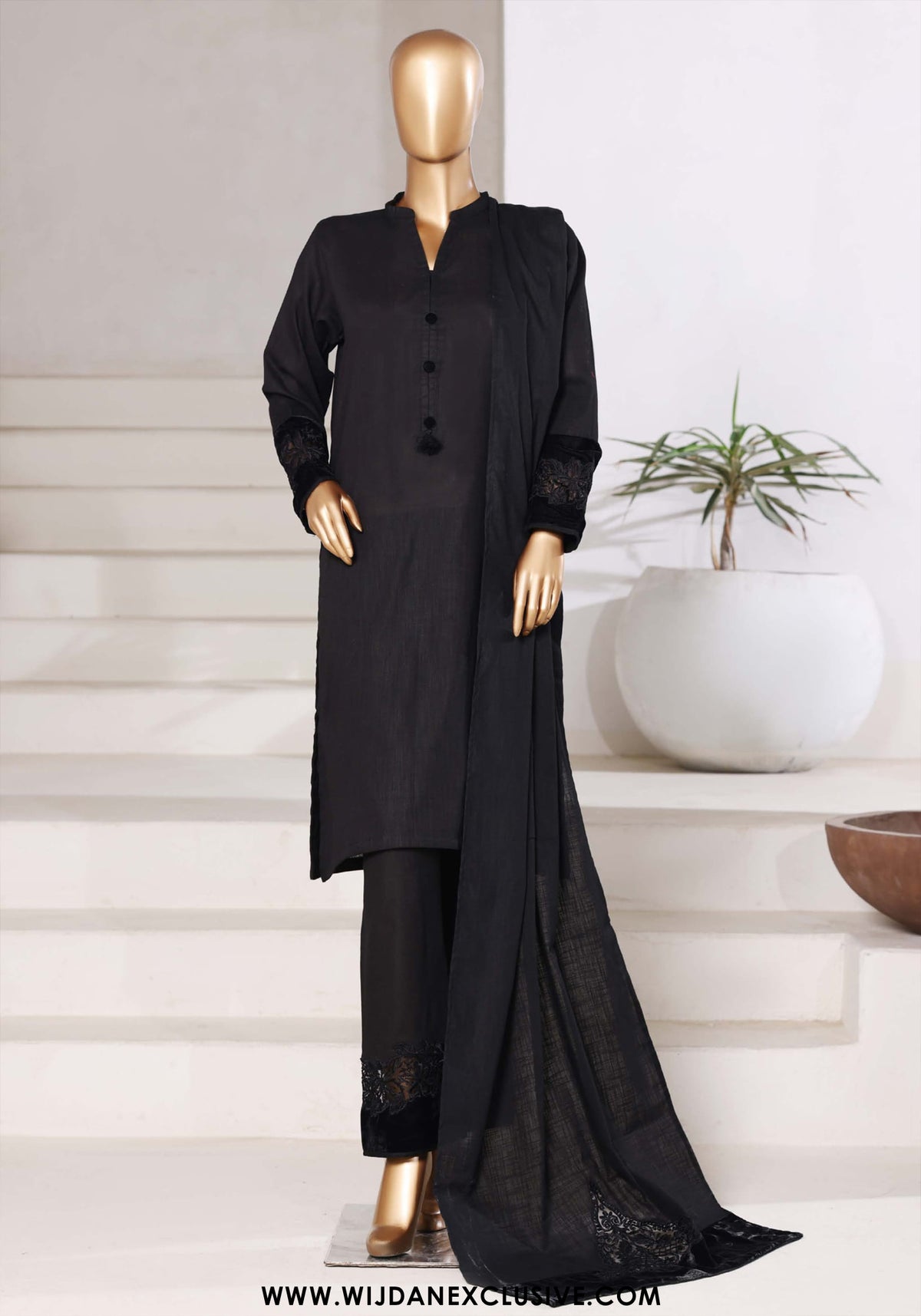 Sadabahar Stitched Cross Texture with Velvet Winter Collection - 2025 (BLACK)
