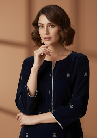 Opulent by Wijdan | 1PC Stitched Velvet Kurti Collection - 2025 (DARK BLUE)