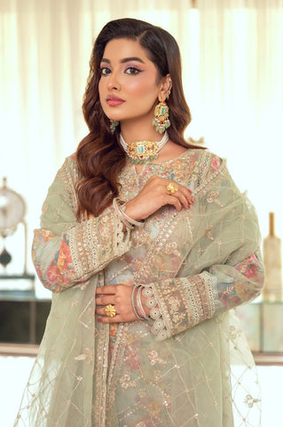 Zoraline by Bint e Noor | Stitched Fancy Embroidered Organza Collection - 2025 (PASTEL GREEN)