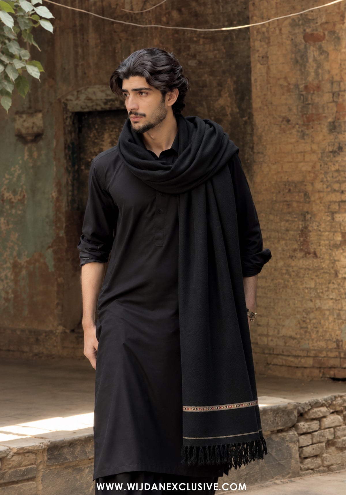 Saltanat by Wijdan | Wool Men's Shawl'26 (BLACK)