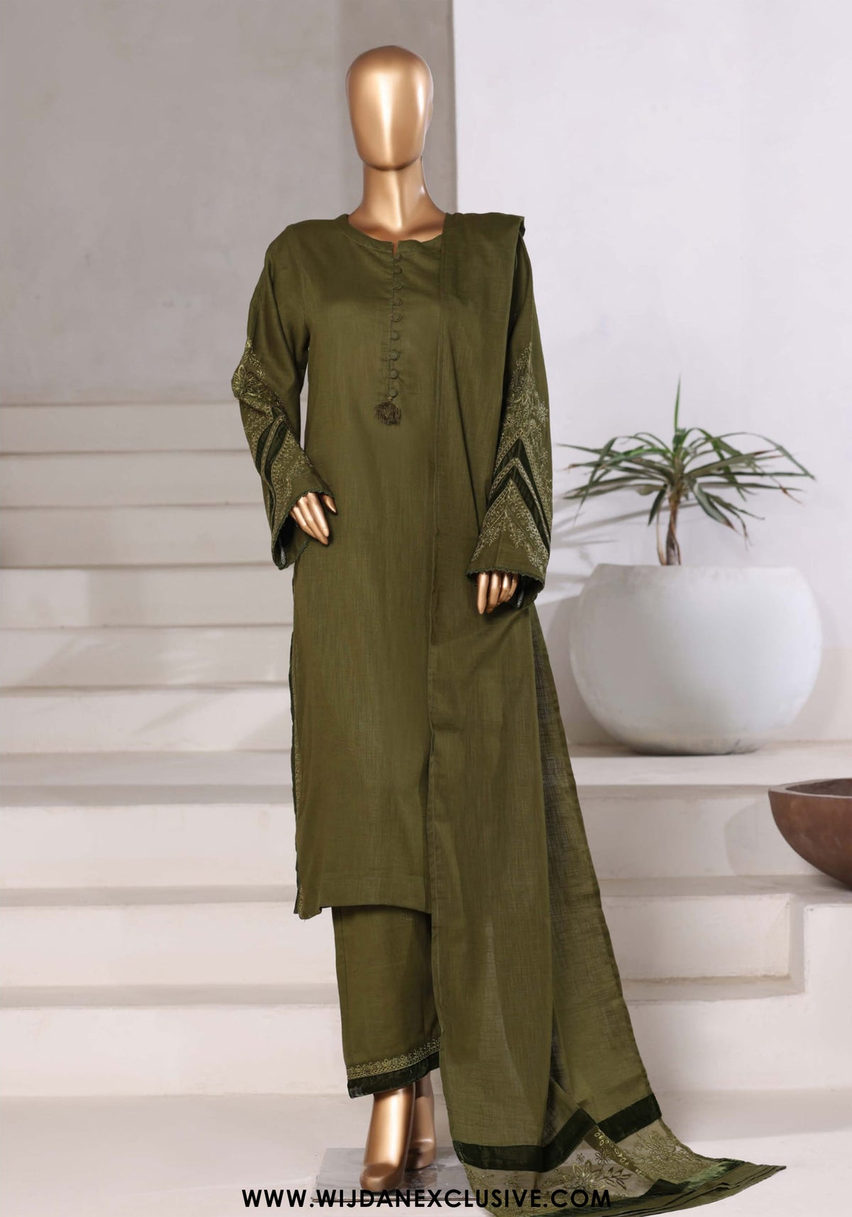 Sadabahar Stitched Cross Texture with Velvet Winter Collection - 2025 (OLIVE)