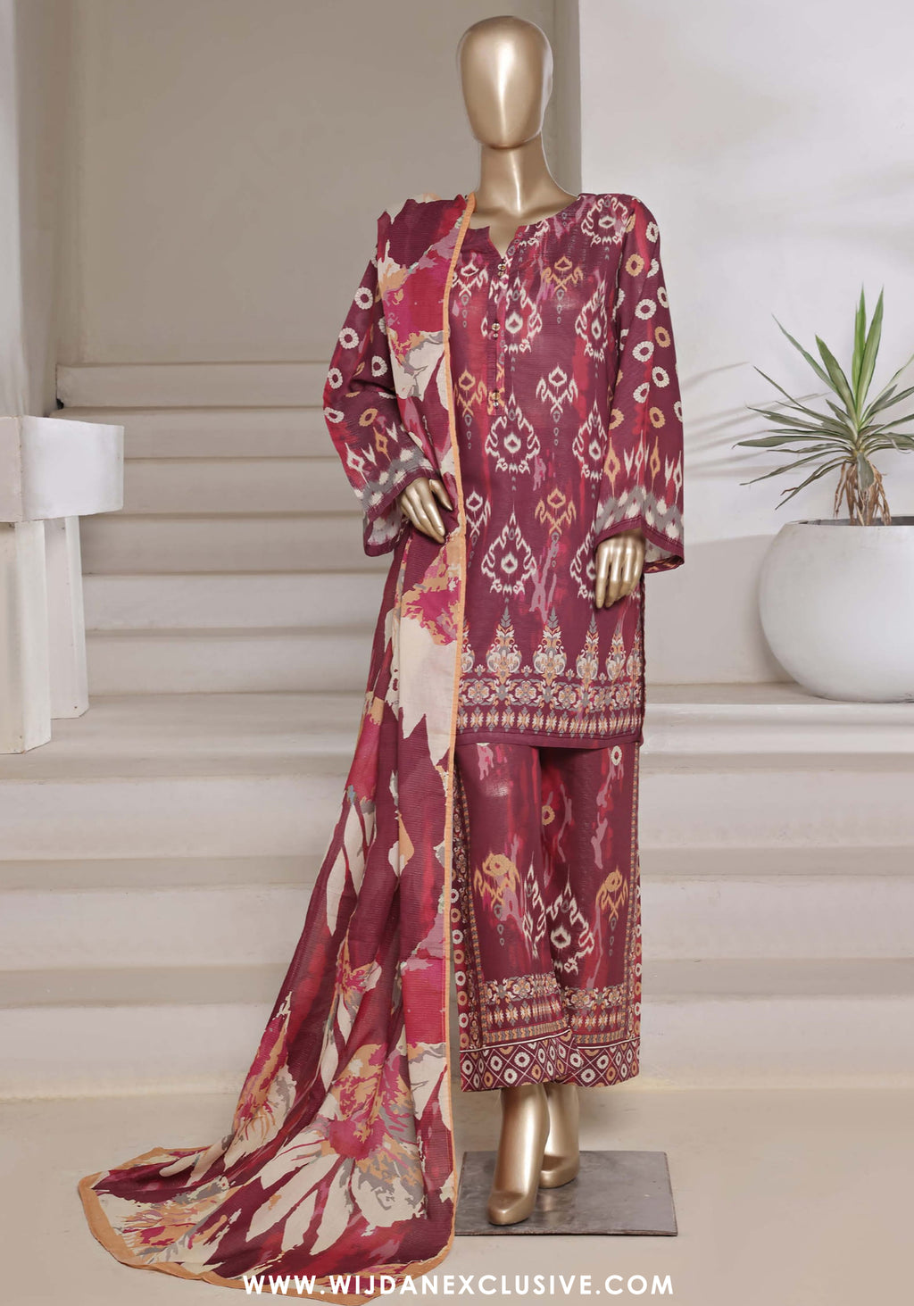 Sadabahar Stitched Printed Shimmered Cambric Summer Collection - 2025 (Maroon)