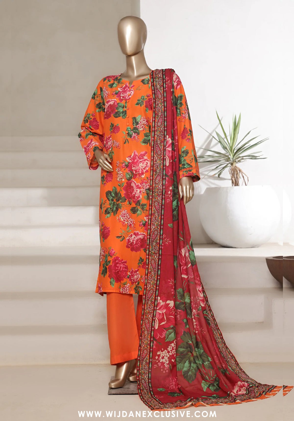Sadabahar Stitched 3PC Cambric lawn Collection - 2025 Vol-01 Orange