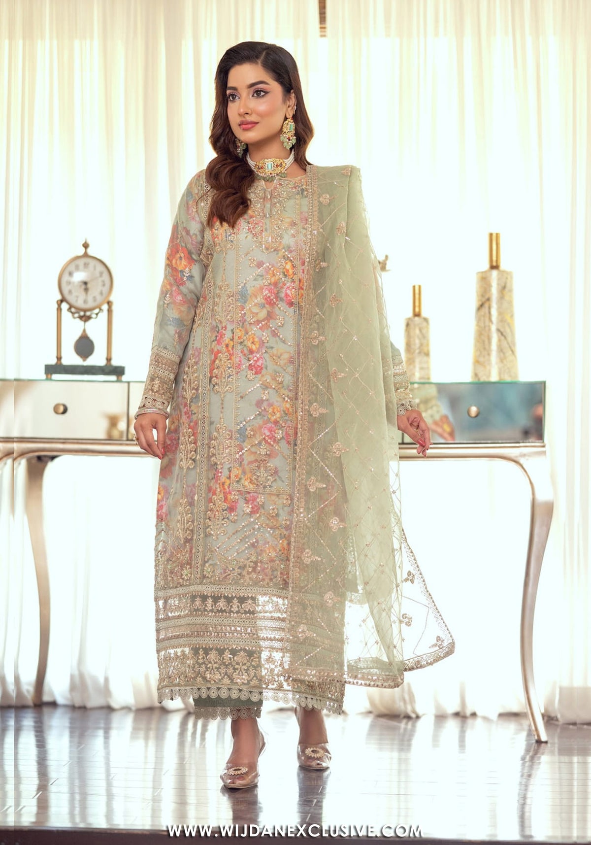 Zoraline by Bint e Noor | Stitched Fancy Embroidered Organza Collection - 2025 (PASTEL GREEN)