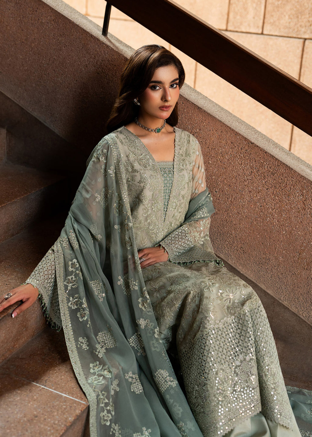 Lazawal by Lamisah | Unstitched Embroidered Formal Chiffon Collection - 2026 (PISTACHIO PEARL)