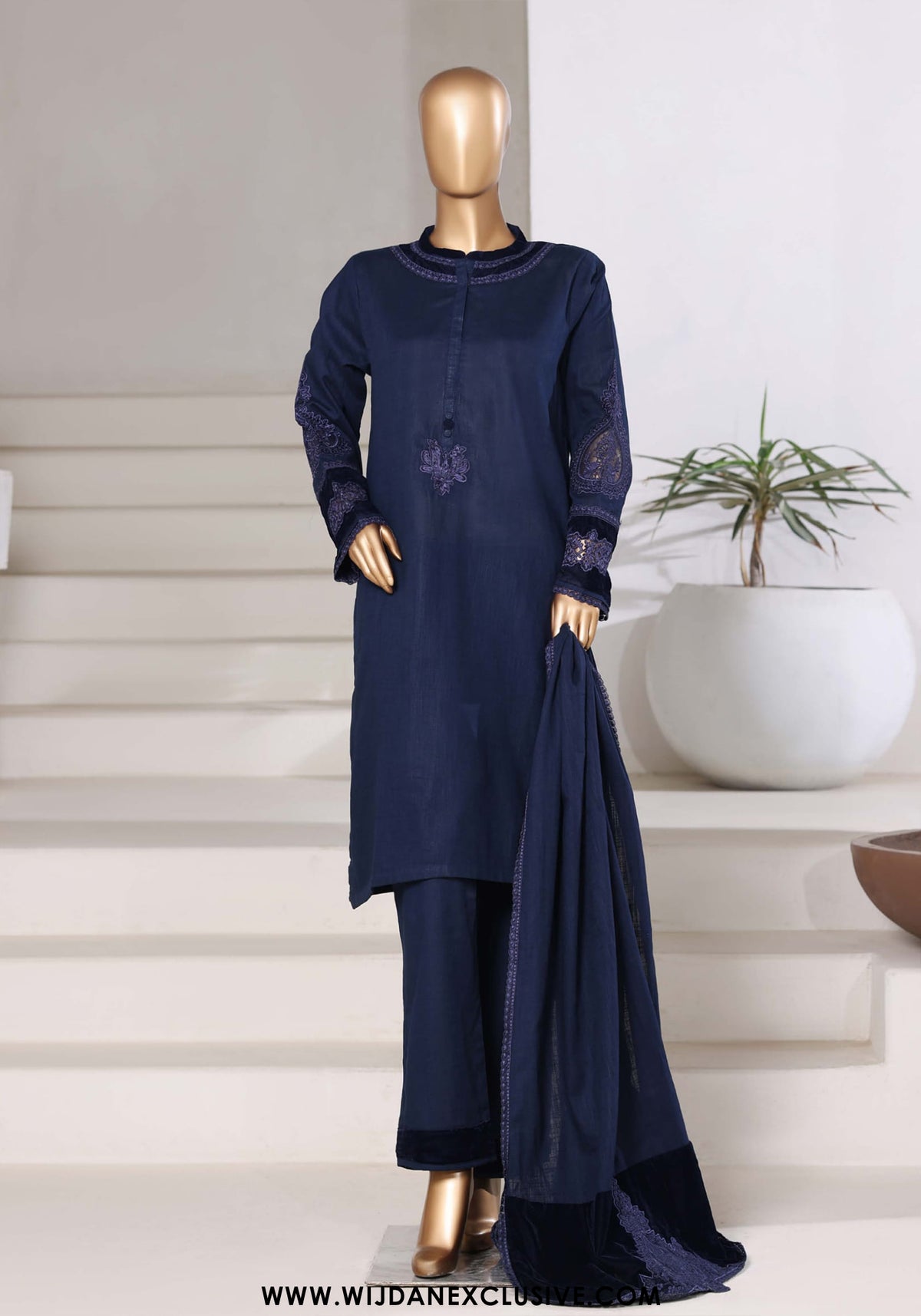 Sadabahar Stitched Cross Texture with Velvet Winter Collection - 2025 (BLUE)