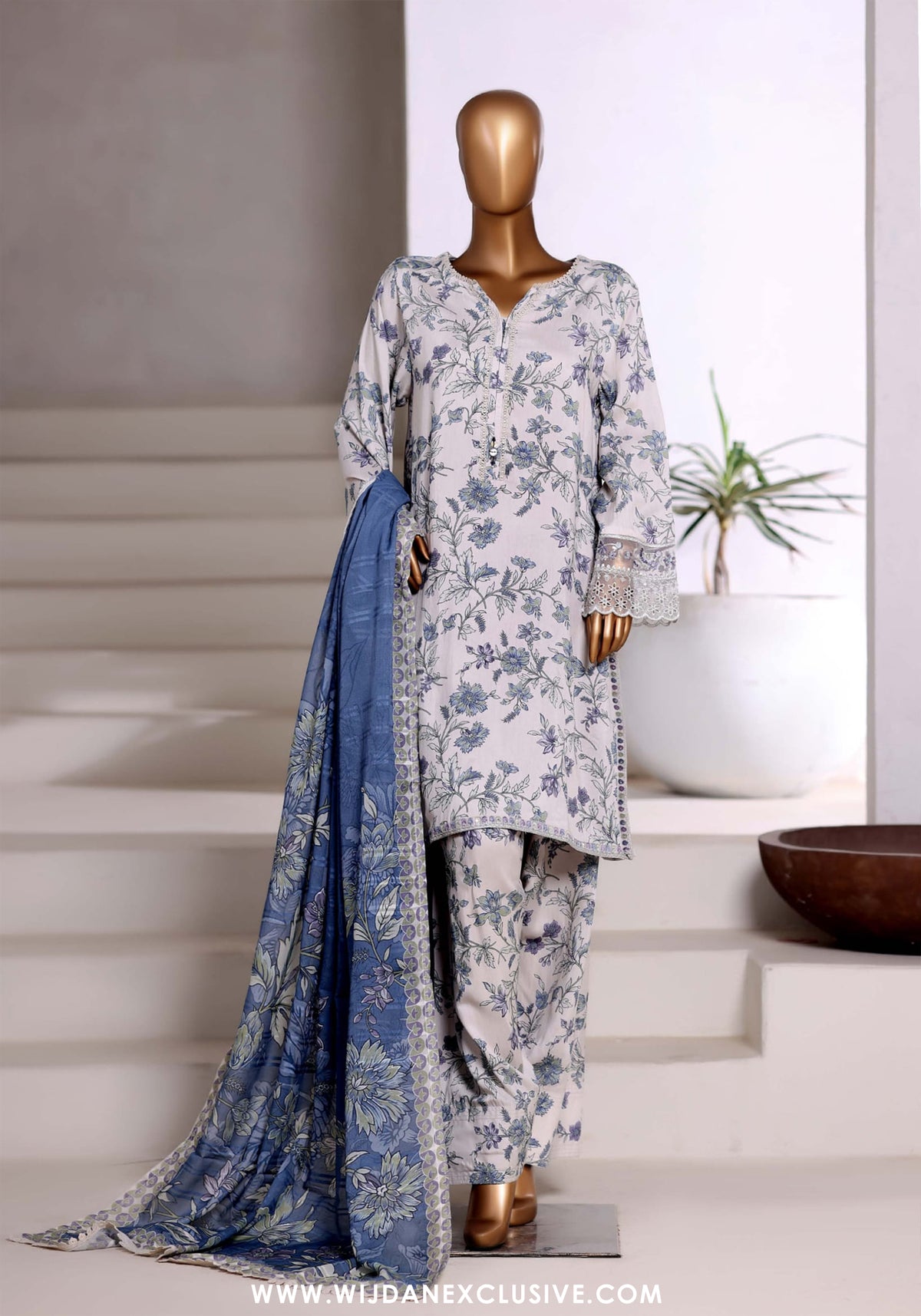 Malika by Sadabahar | Stitched Viscose Farshi Shalwar Vol-II Collection - 2025 (WHITE & BLUE)
