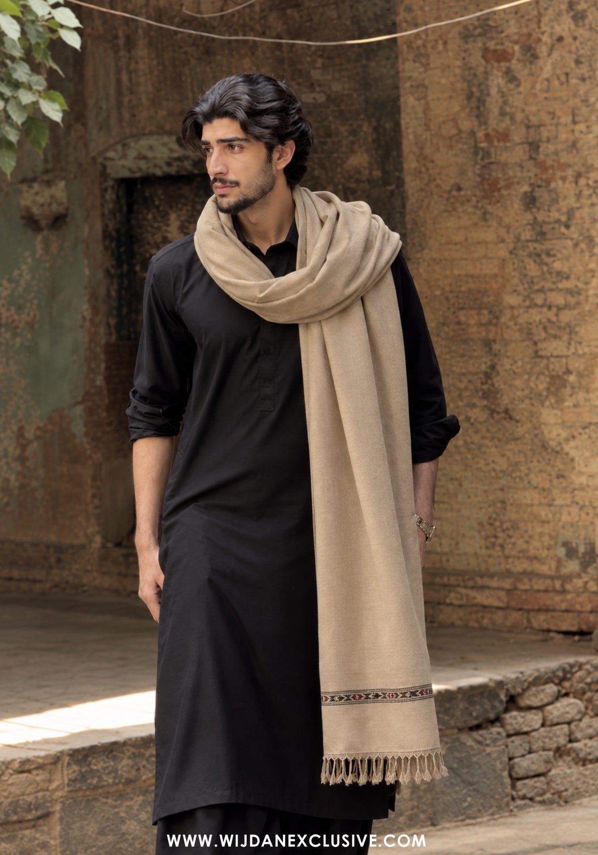 Saltanat by Wijdan | Wool Men's Shawl'26 (SAND)