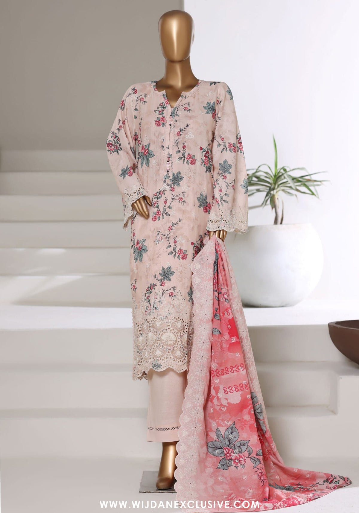 Sadabahar Stitched Laser Fusion Chikankari Khaddar Collection - 2025 (CORAL PEACH)
