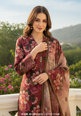 Wijdan Unstitched Printed Viscose Winter Collection - 2025 (MAROON)
