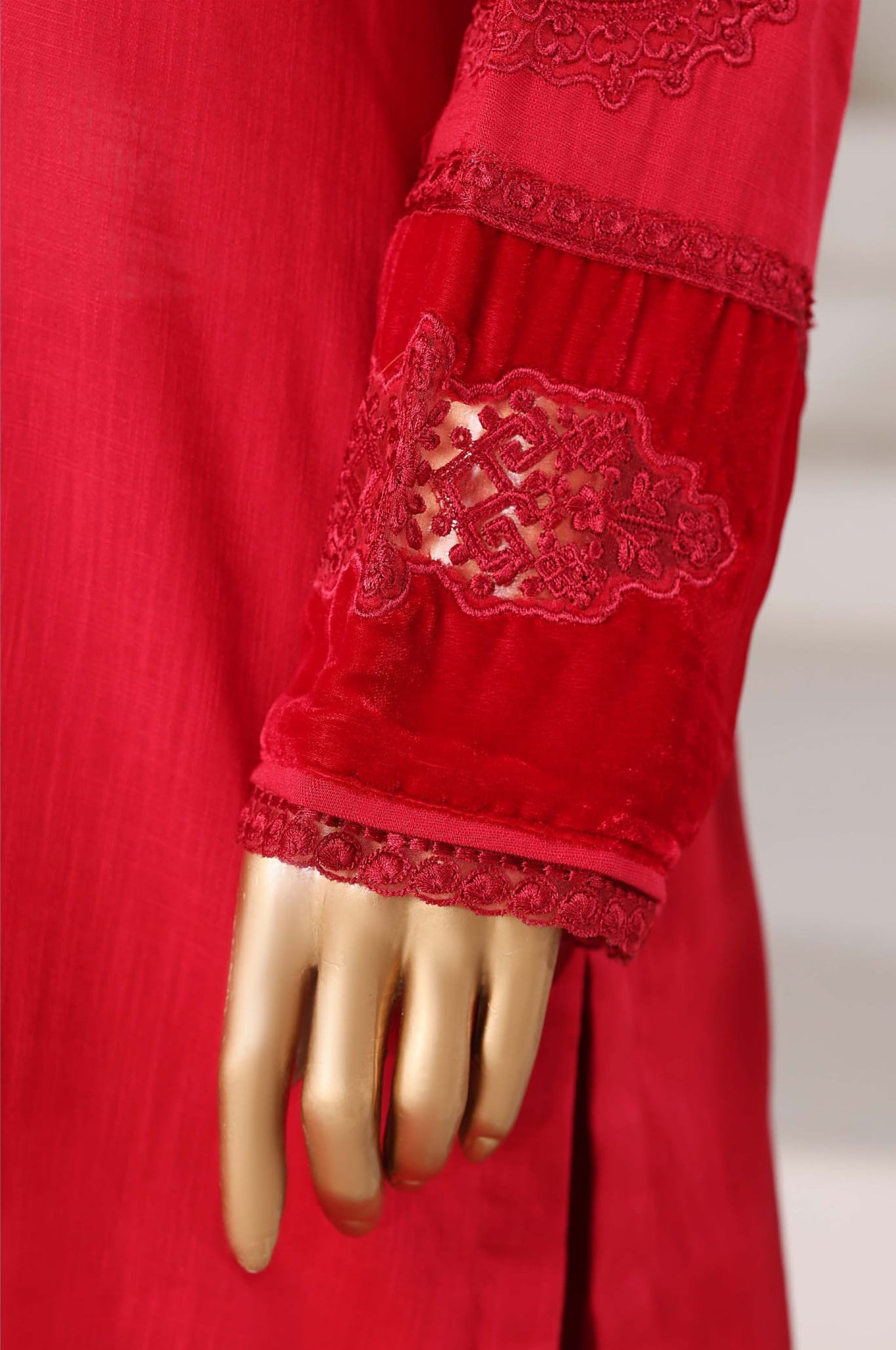 Sadabahar Stitched Cross Texture with Velvet Winter Collection - 2025 (RED)