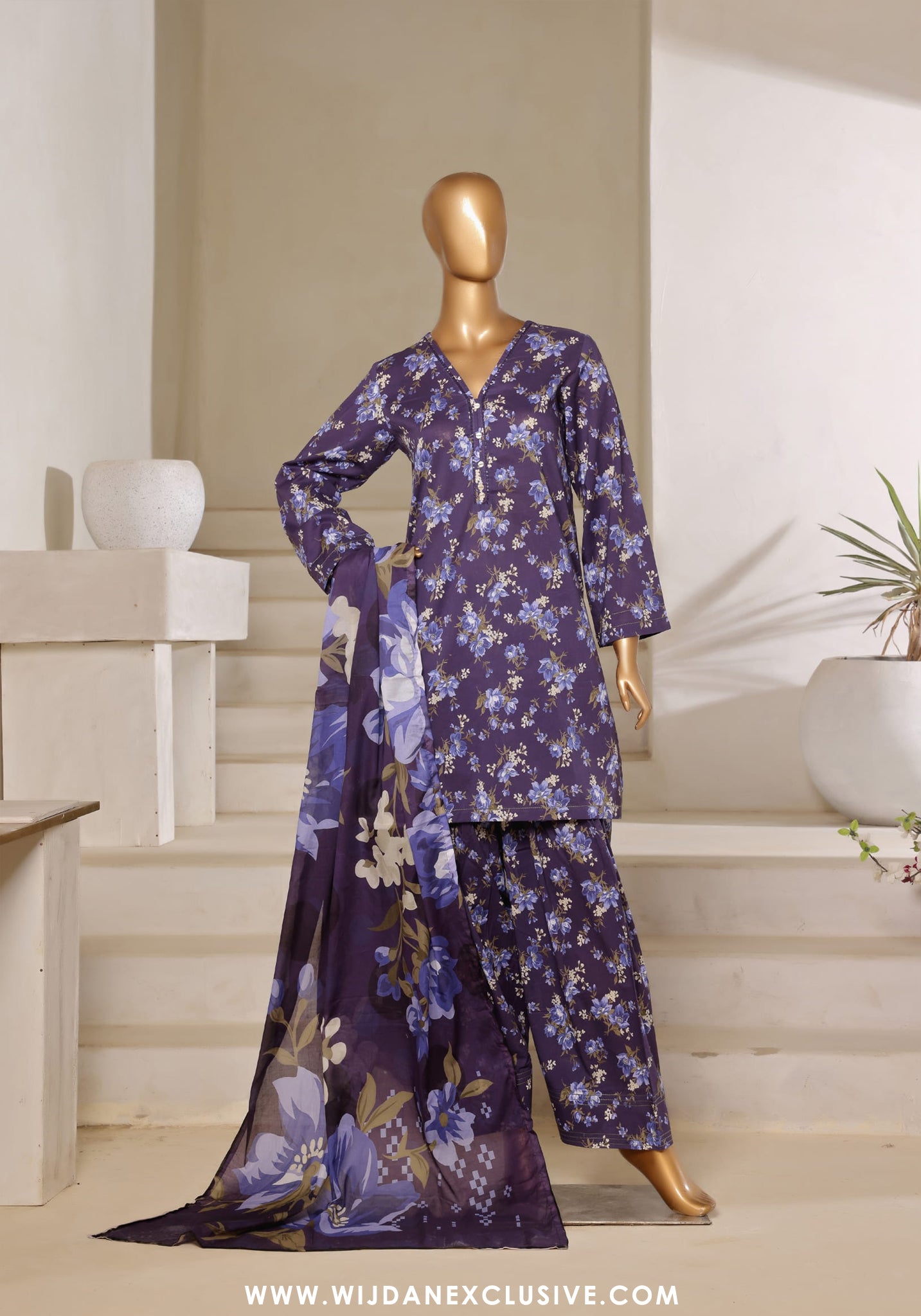 Sadabahar Printed Lawn with Farshi Shalwar Collection - 2025 (Plum Purple)