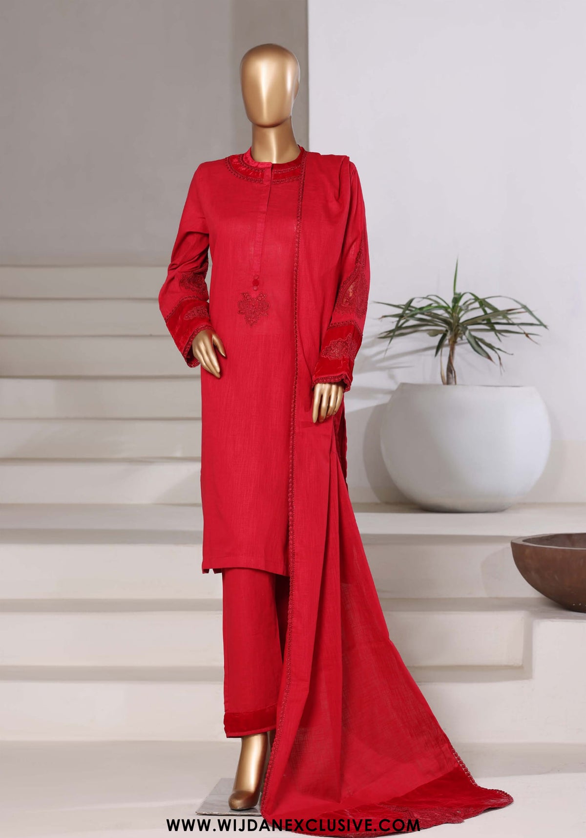 Sadabahar Stitched Cross Texture with Velvet Winter Collection - 2025 (RED)