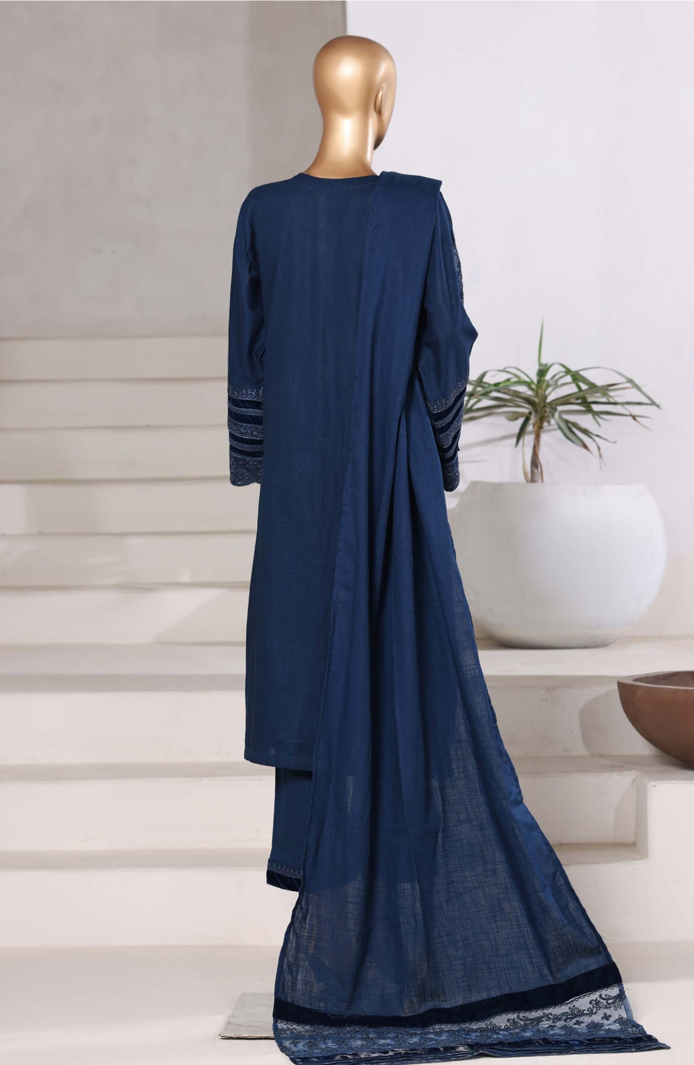 Sadabahar Stitched Cross Texture with Velvet Winter Collection - 2025 (BLUE)