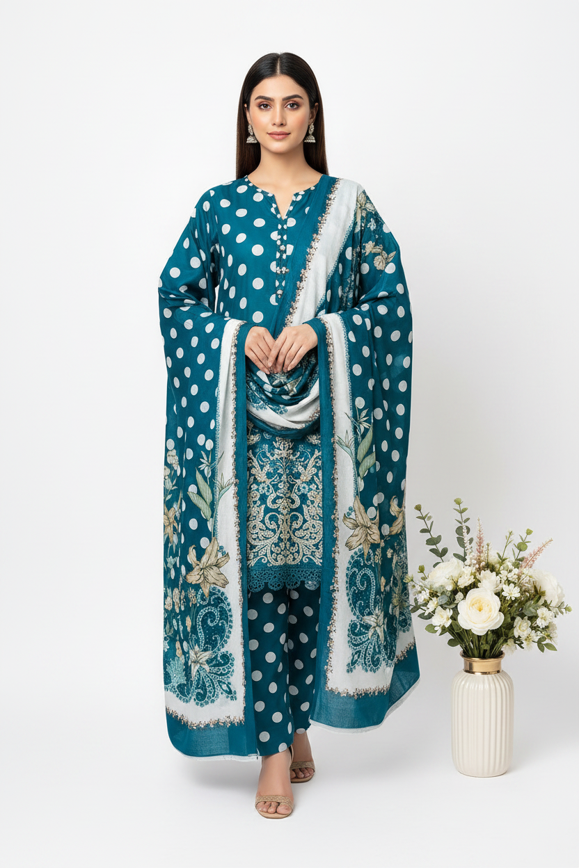 Polka & Drapes Unstitched Printed Lawn Collection - 2026 (D-03)