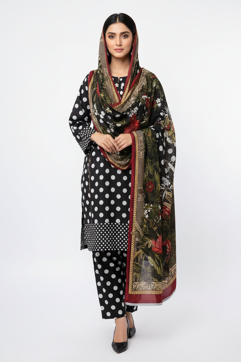 Polka & Drapes Unstitched Printed Lawn Collection - 2026 (D-04)